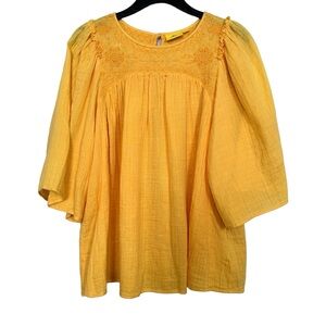 Roller Rabbit Women’s Sz S Yellow 3/4 Sleeve Embroidered Yoke Cotton Blouse